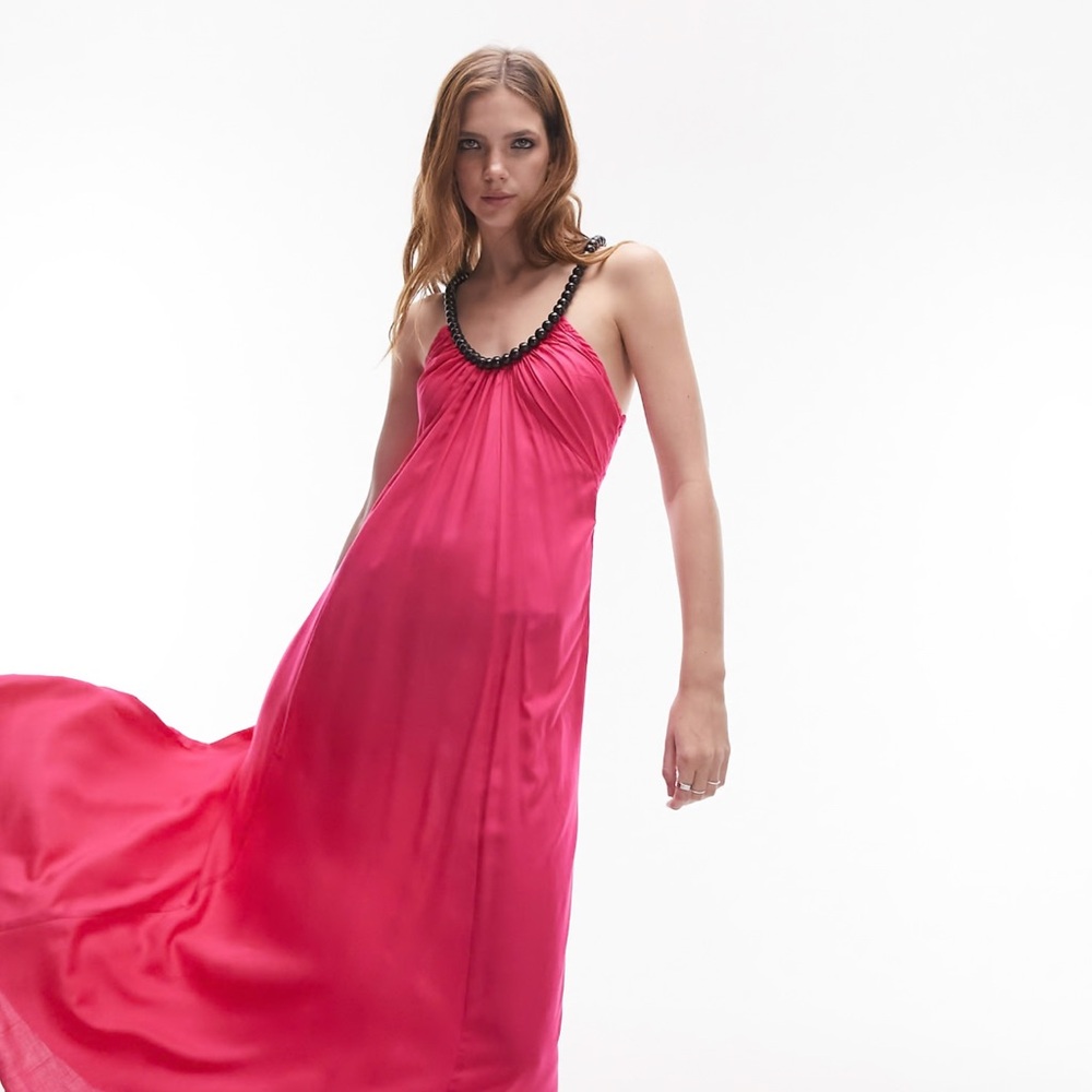Topshop beaded strap chuck on maxi dress in pink, 10